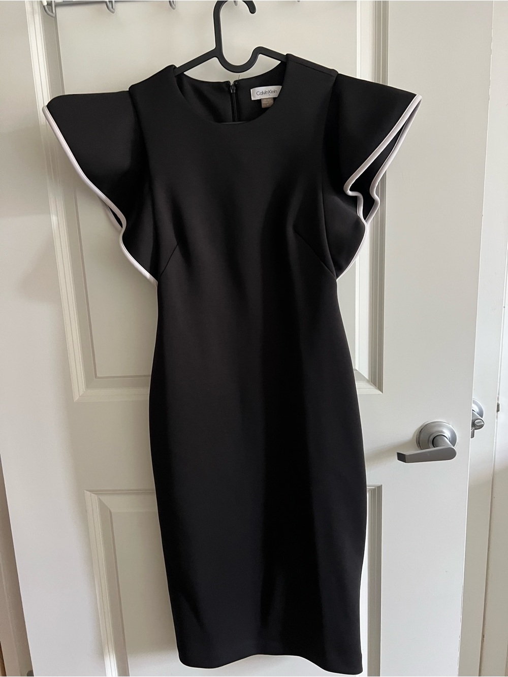 Calvin Klein Black Midi Dress with White-Trim Flutter Sleeves